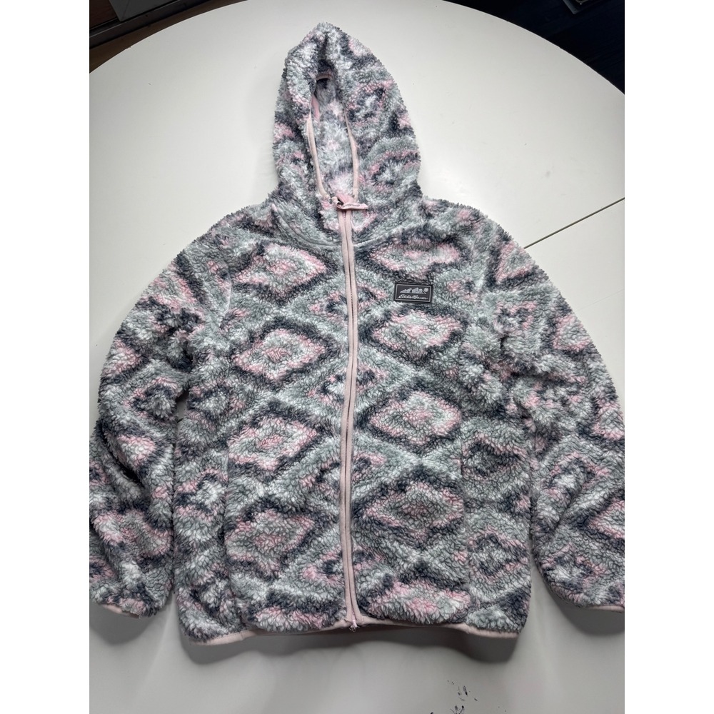 Eddie Bauer Kids M 10/12 Sherpa Fleece Hooded Jacket Pink Grey Geometric Zip
